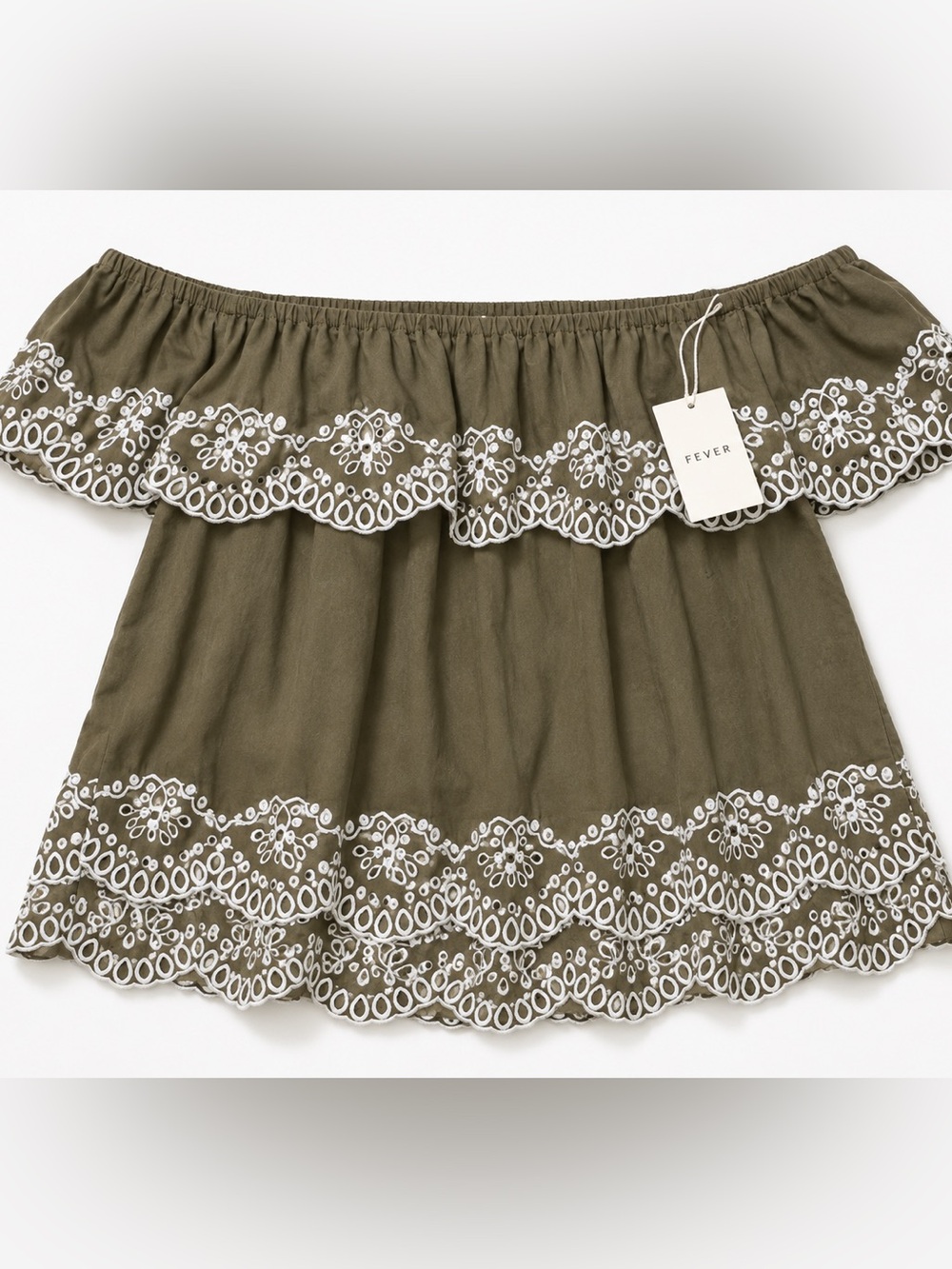 FEVER NWT Olive Embroidered Off Shoulder Boho Tunic Top Size Small - Picture 4 of 7